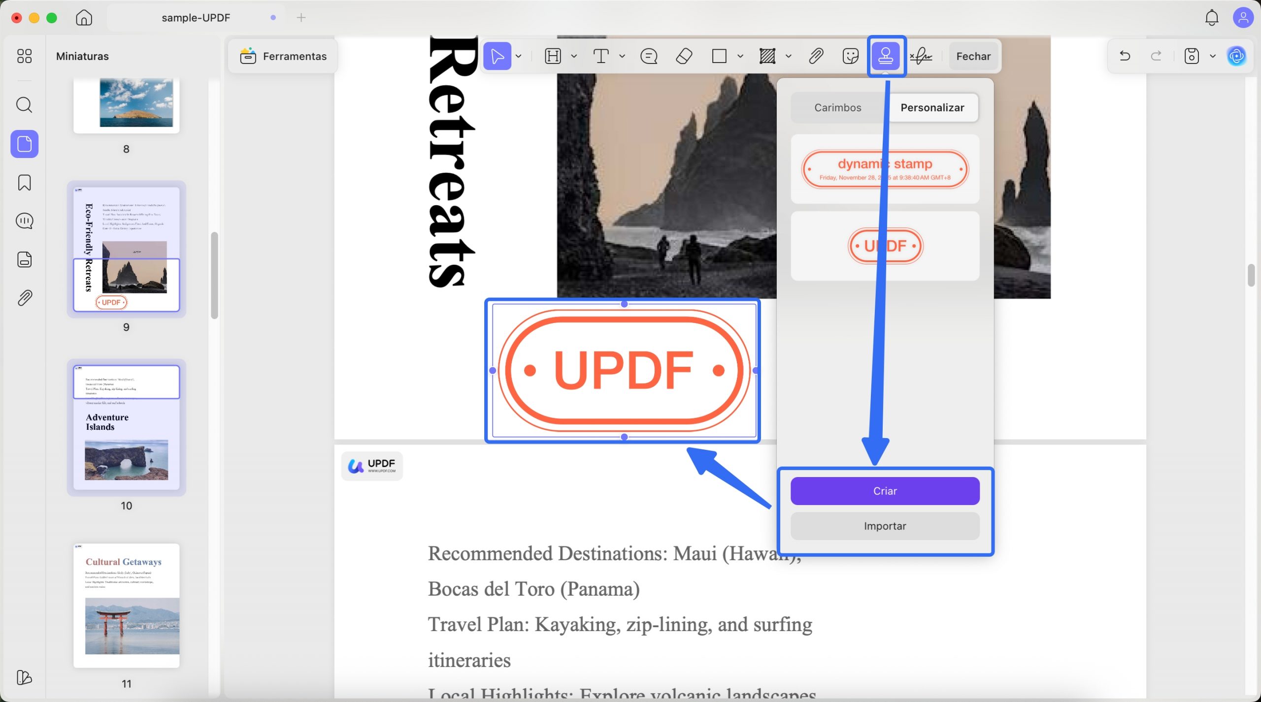adicionar carimbo dinâmico no mac