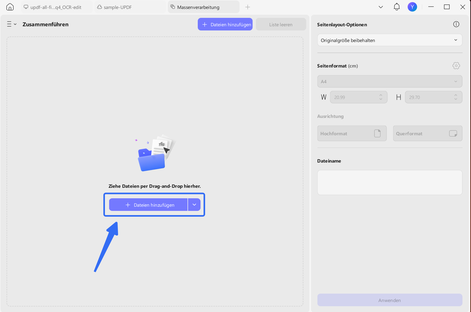 Screenshots importieren, um updf-Fenster zusammenzuführen