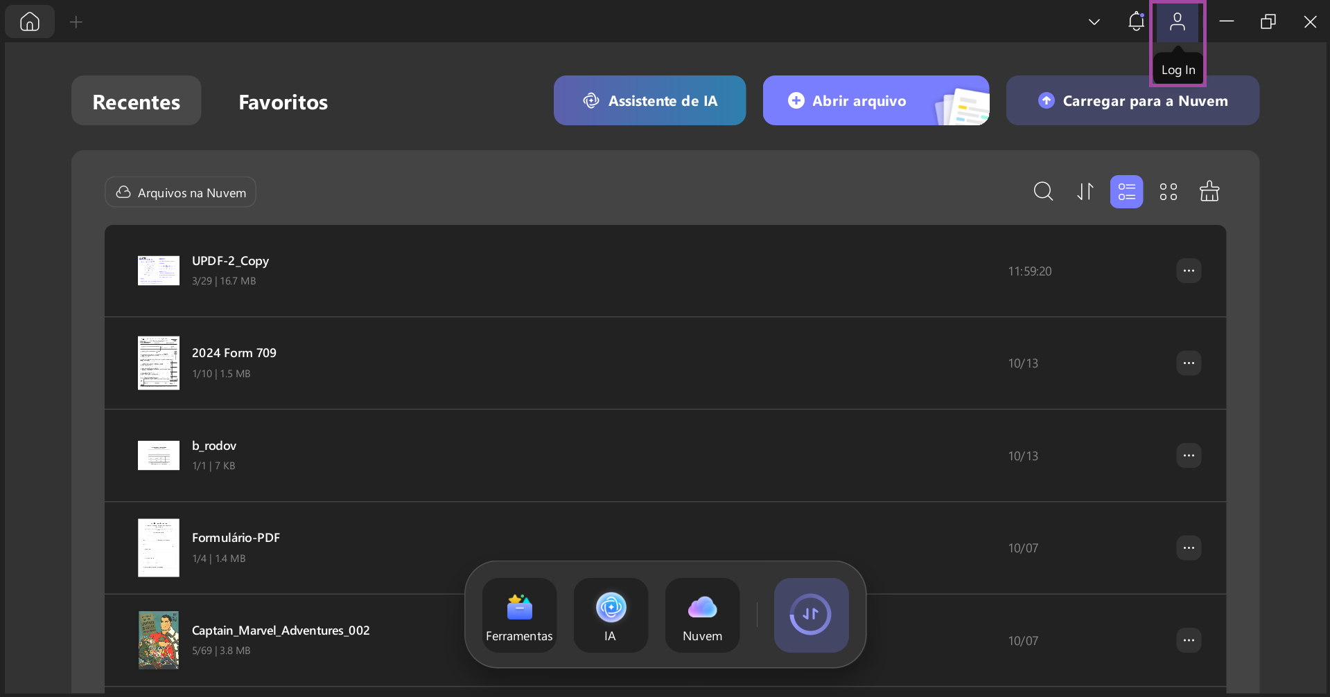 clique no botão "login" no canto superior direito