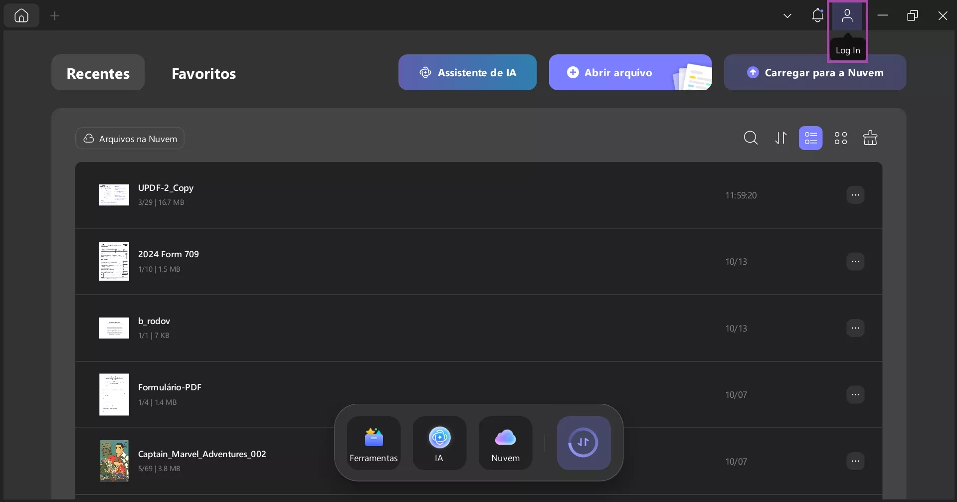 clique no botão "login" no canto superior direito