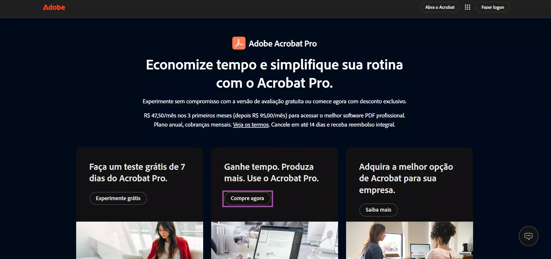 clique em "comprar agora" na página principal do adobe acrobat