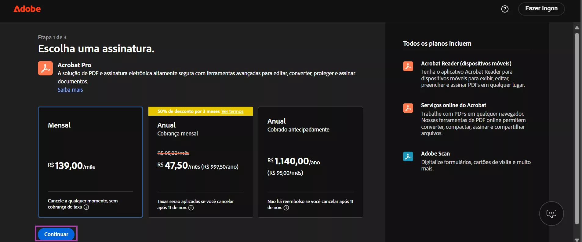 escolha uma assinatura e compra o assistente do acrobat ai