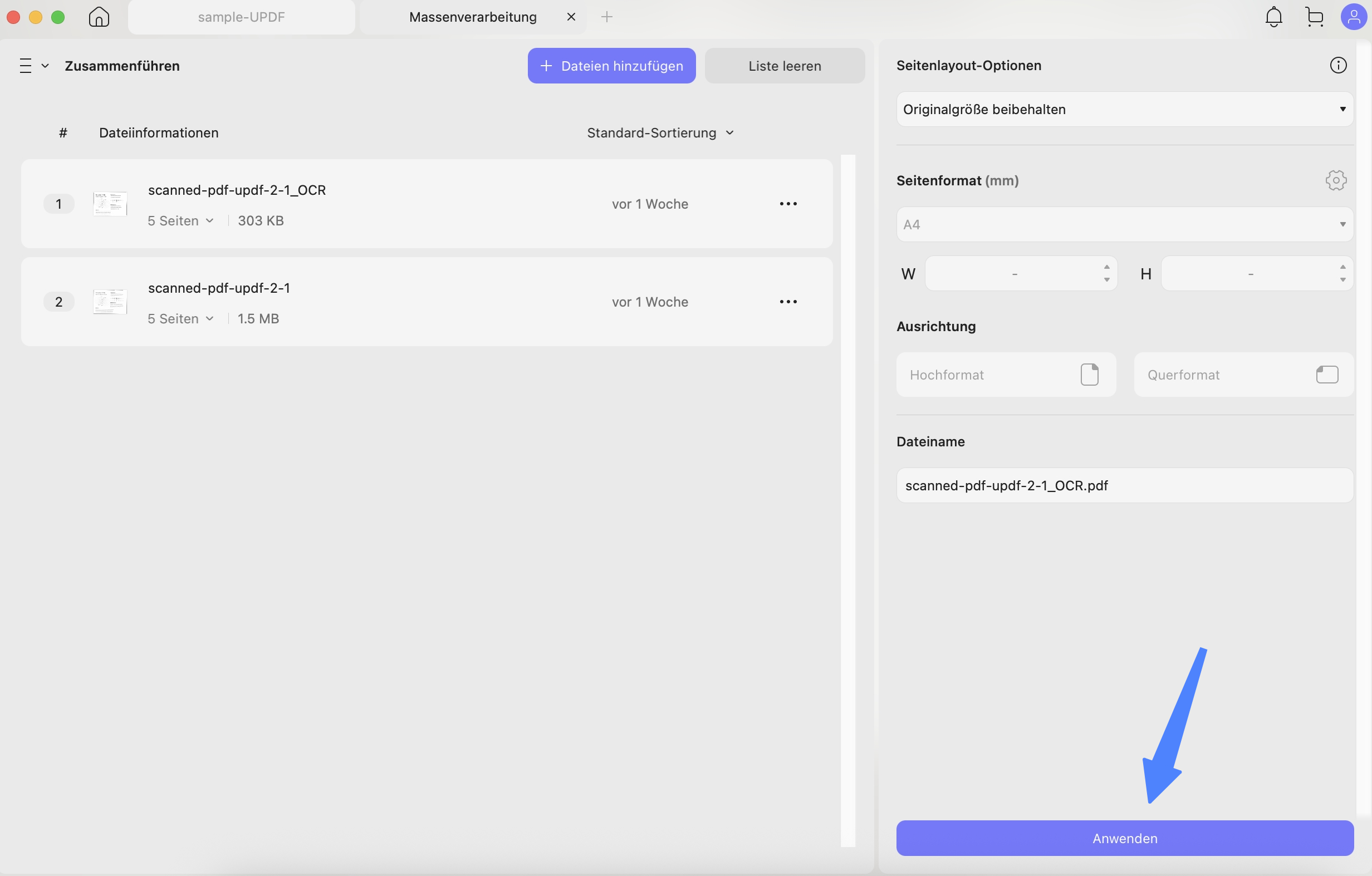 Batch kombiniert PDFs mit UPDFs