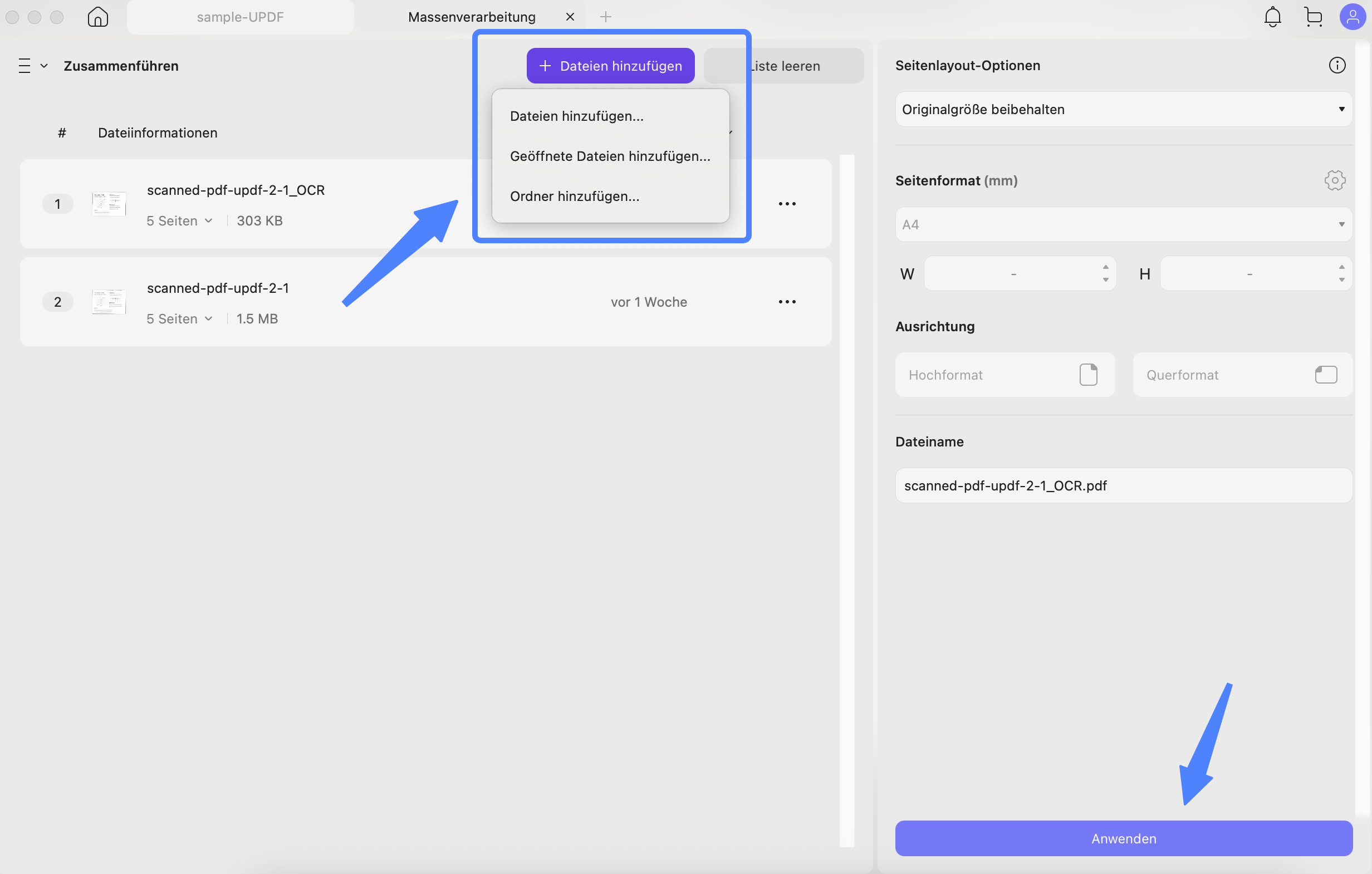 Batch kombiniert PDFs mit UPDFs