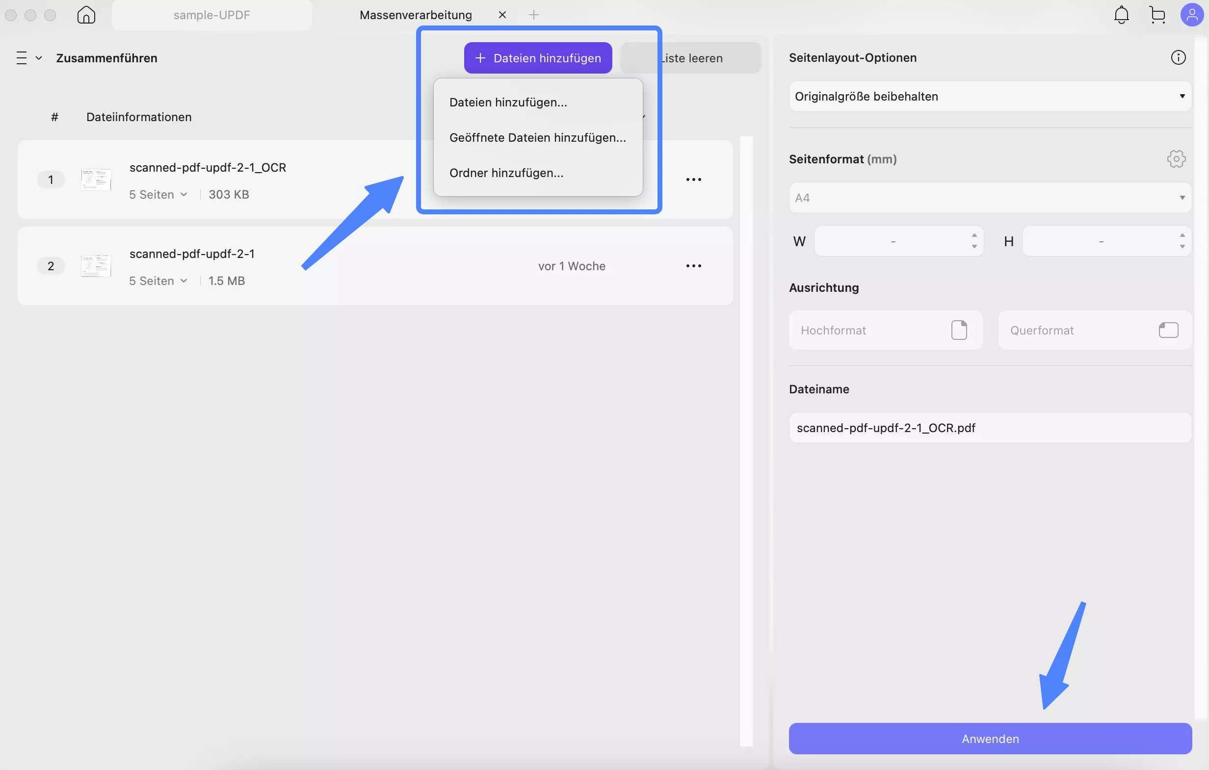 Batch kombiniert PDFs mit UPDFs