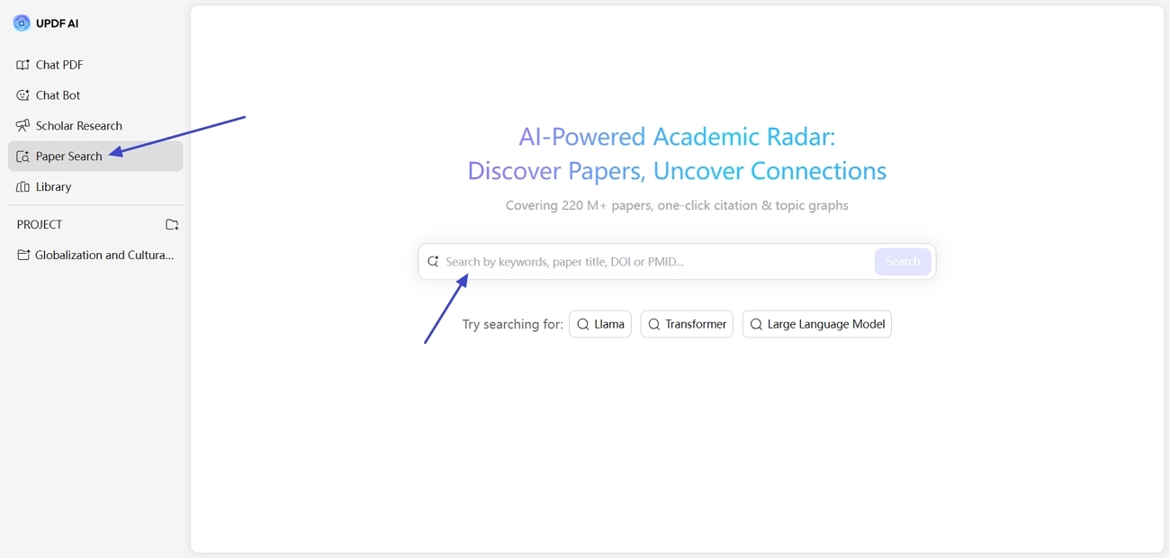 use paper search feature updf ai