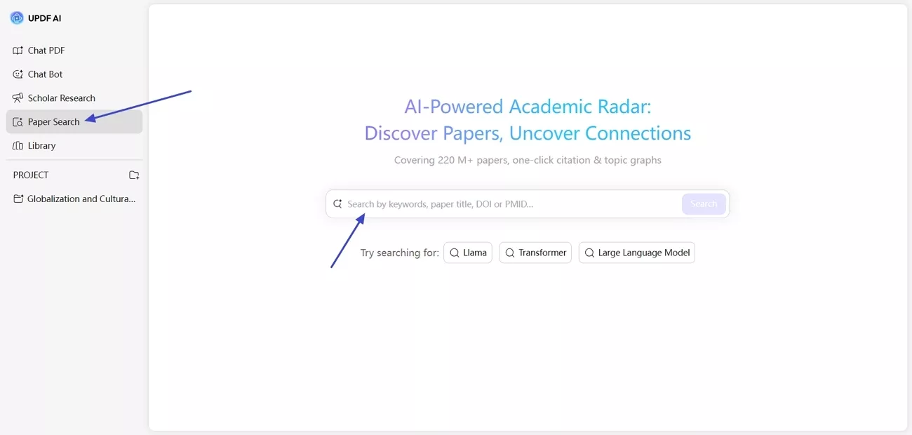 use paper search feature updf ai