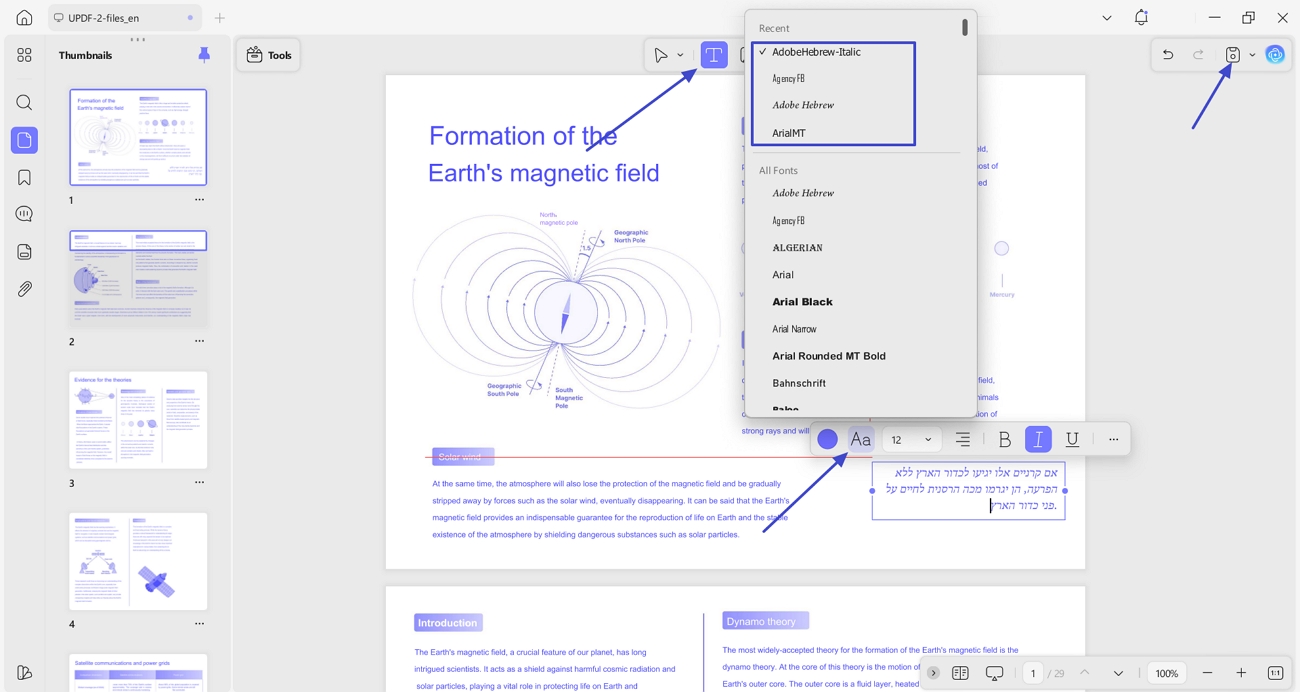 change text font write hebrew text