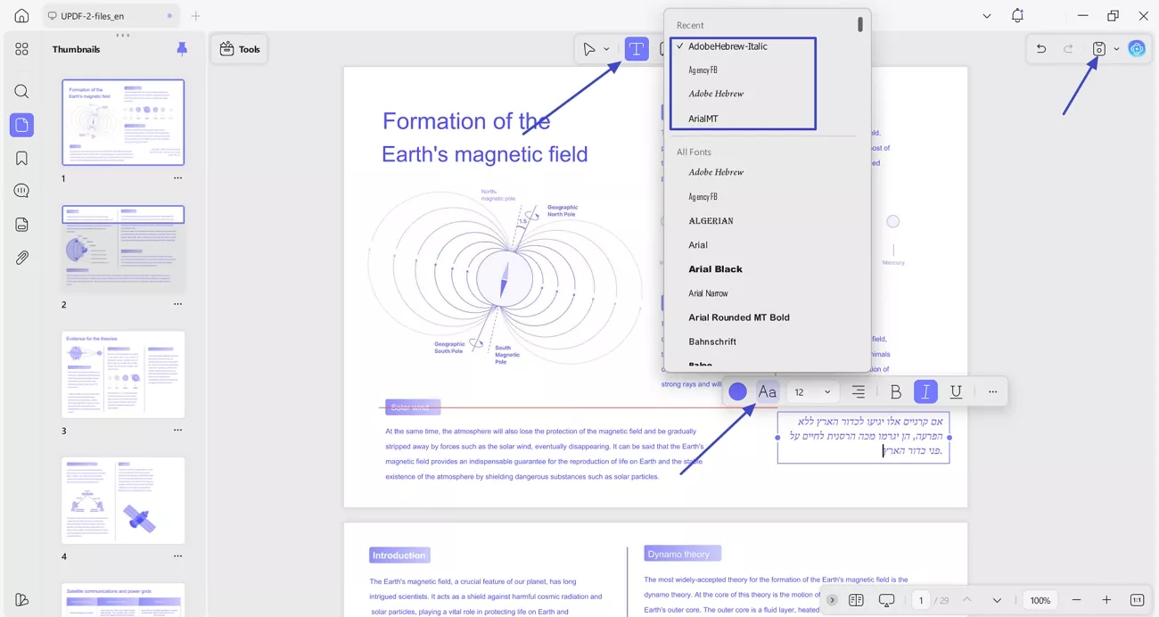 change text font write hebrew text