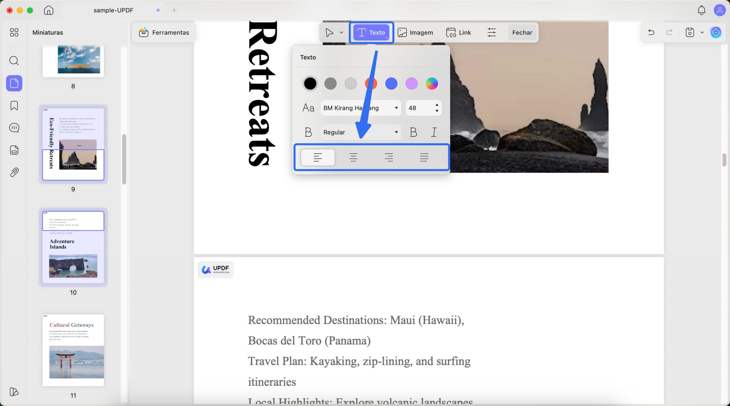 escolher alinhamento de texto padrão mac