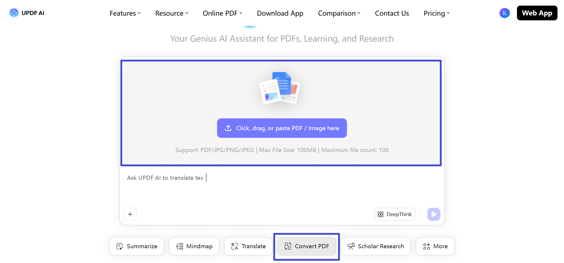 click convert pdf on updf ai homepage