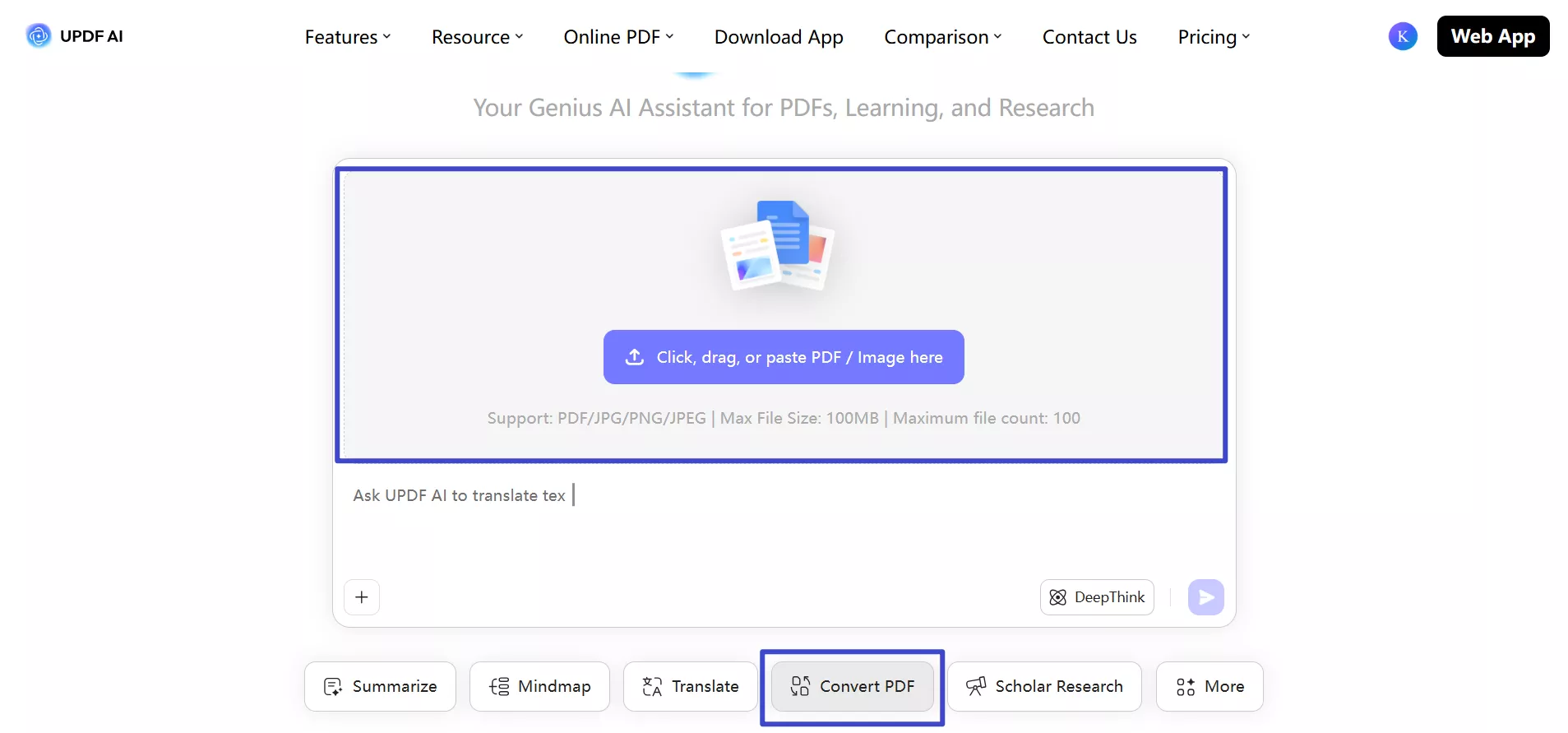click convert pdf on updf ai homepage