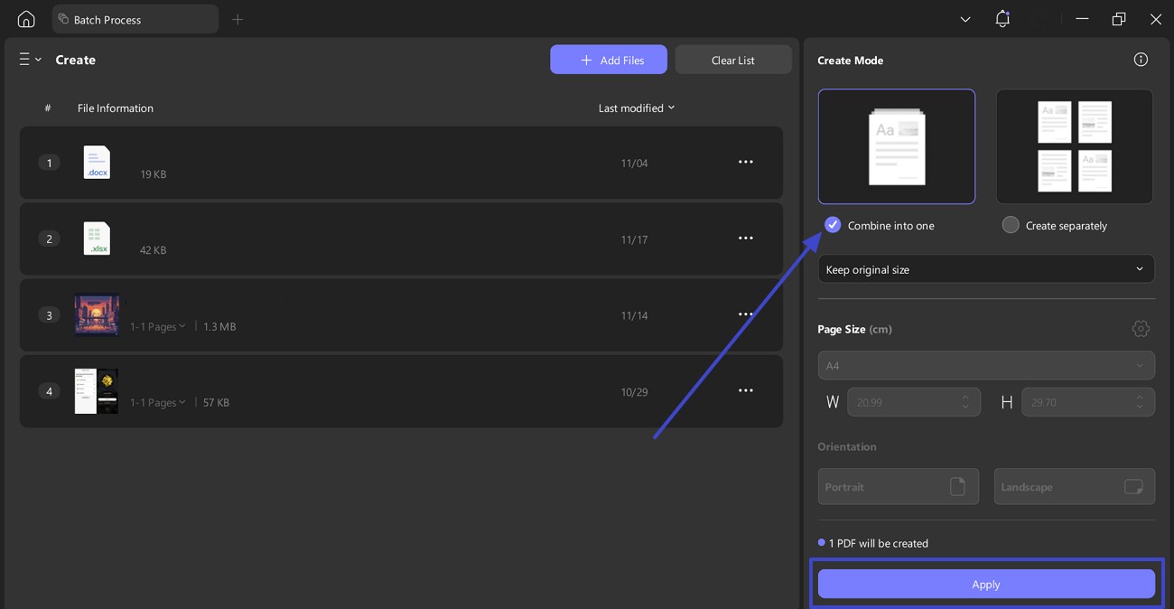 select the combine into one option