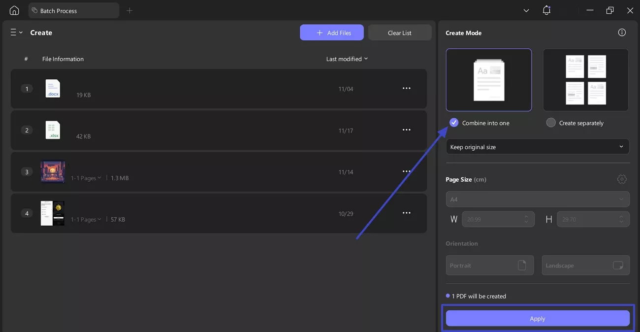 select the combine into one option