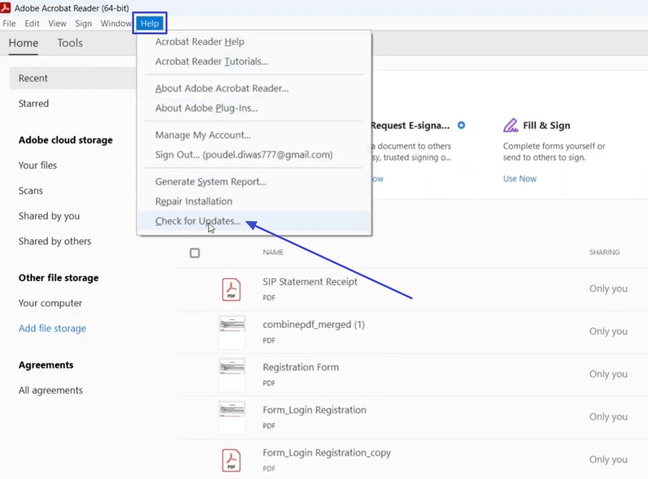 select the check for update
