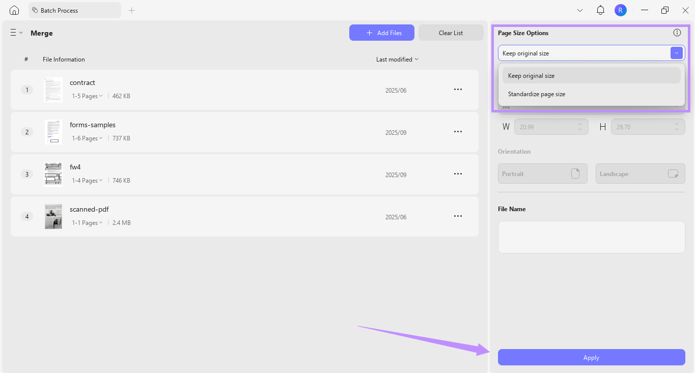 choose page size options and click apply