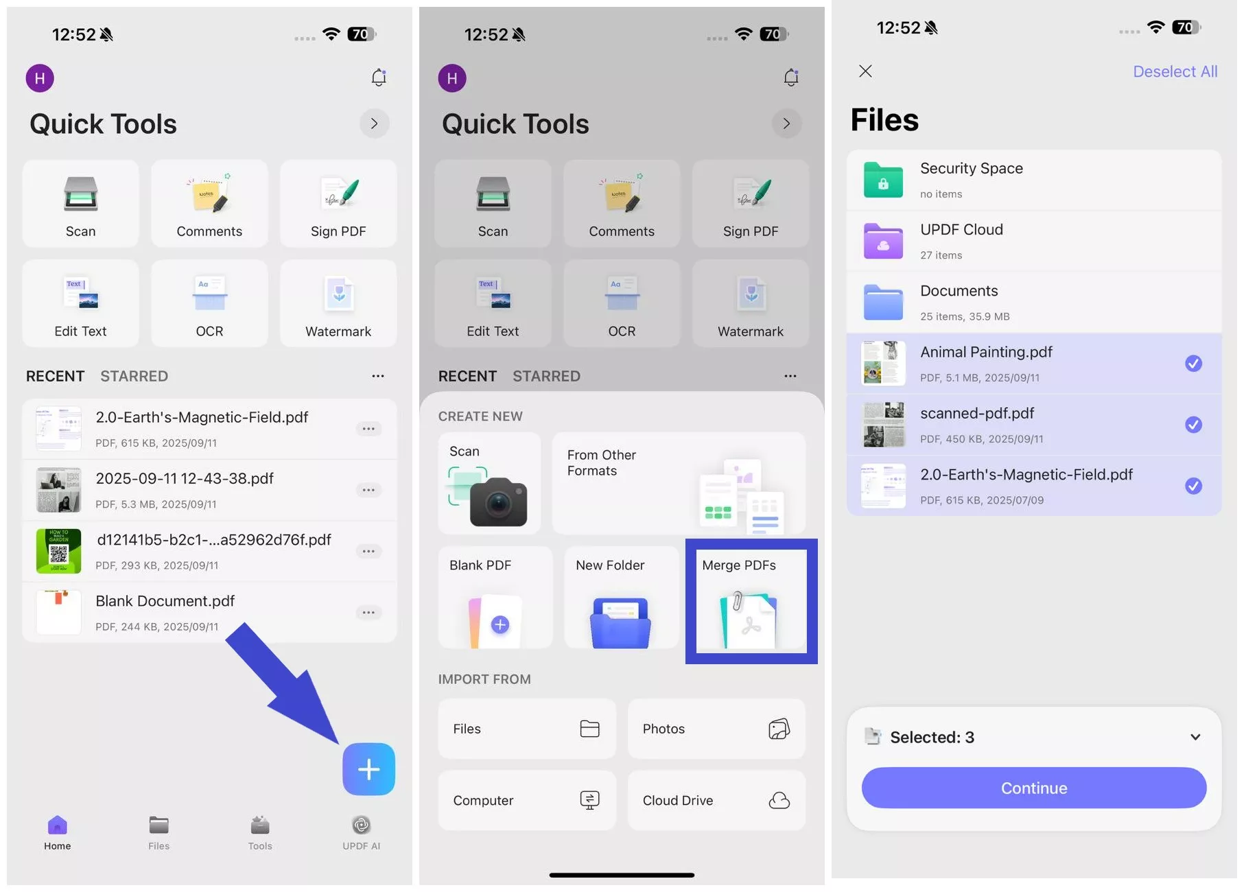 merge pdfs with updf on ios