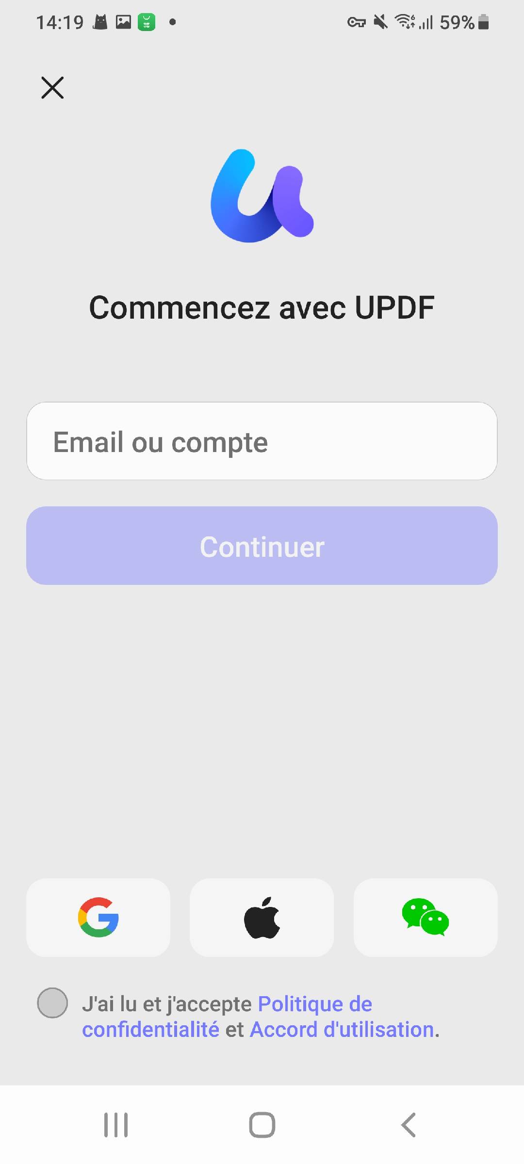 Saisissez votre adresse e-mail pour vous connecter avec updf android