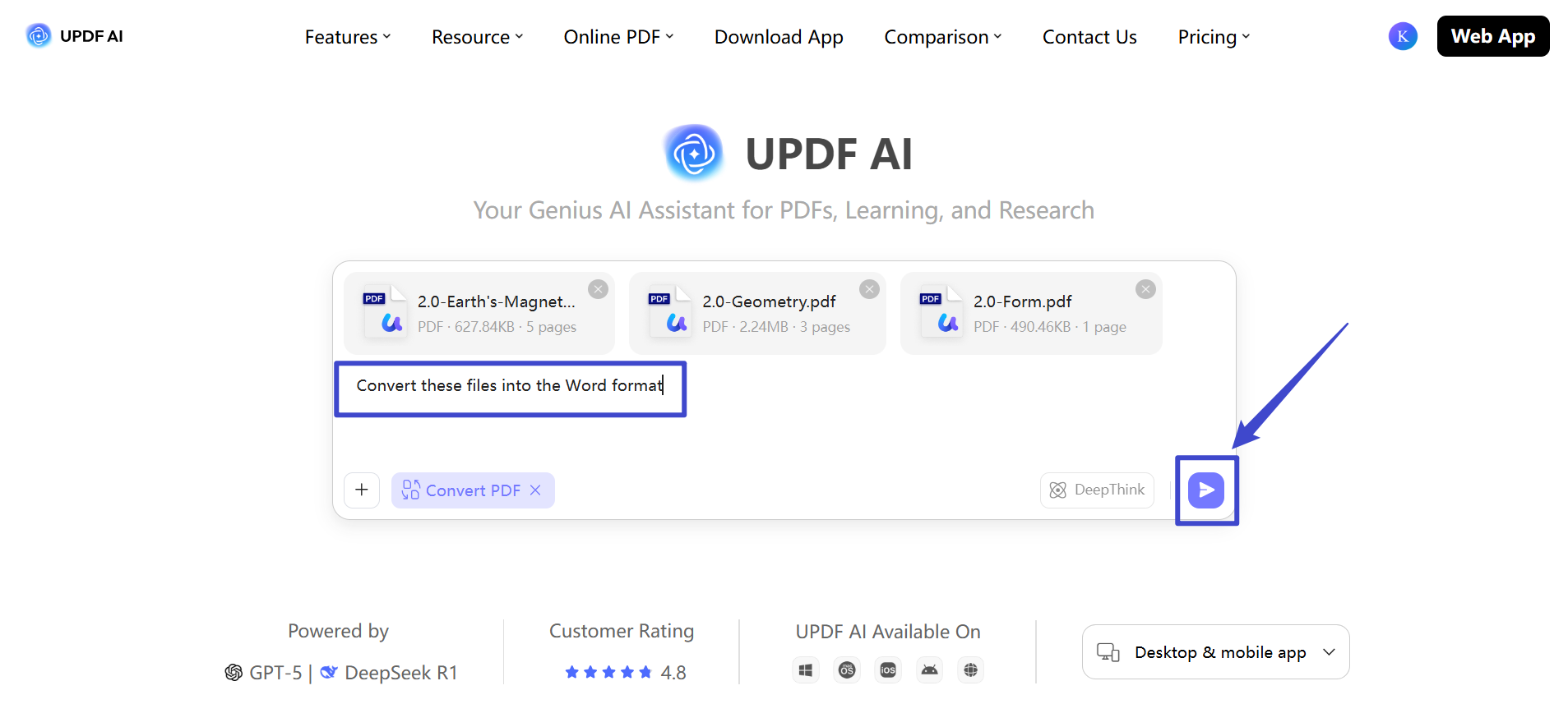 convert multiple files to word on updf ai homepage