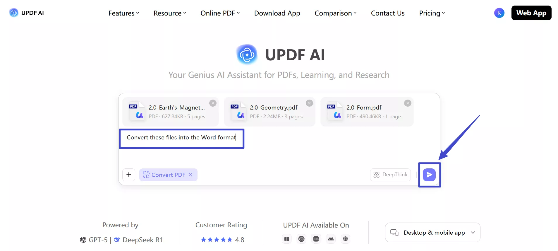 convert multiple files to word on updf ai homepage