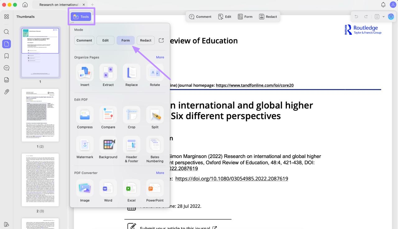 select form under tools