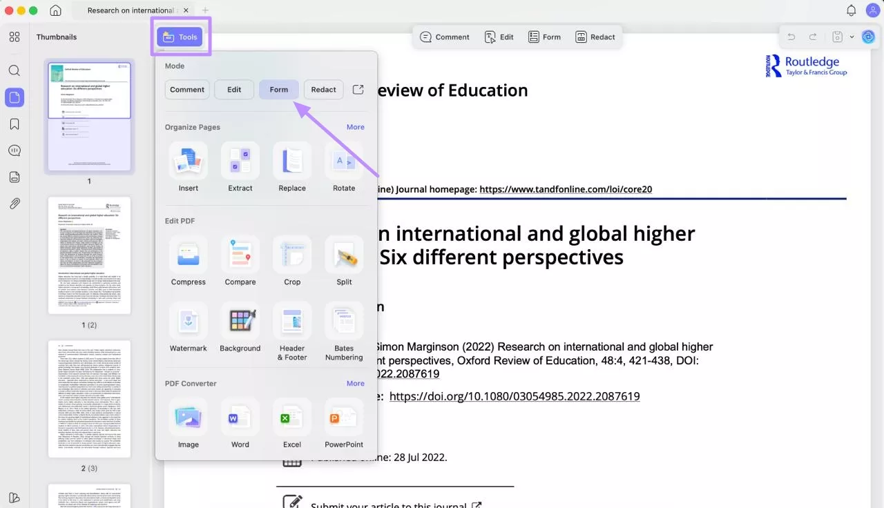 select form under tools