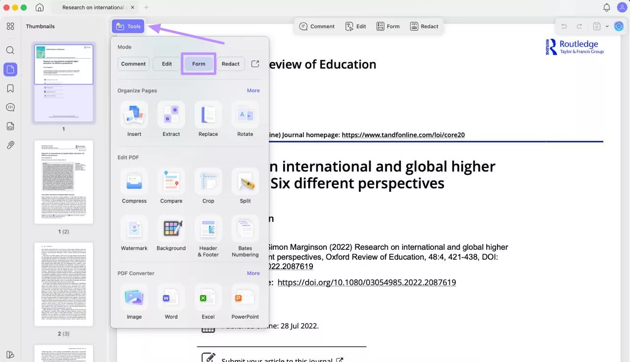 select form under tools