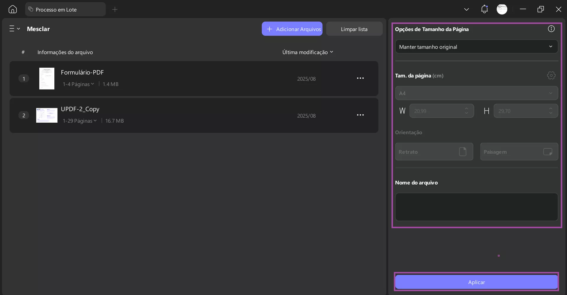 adicione o nome do arquivo e clique em Aplicar para mesclar no UPDF para Windows