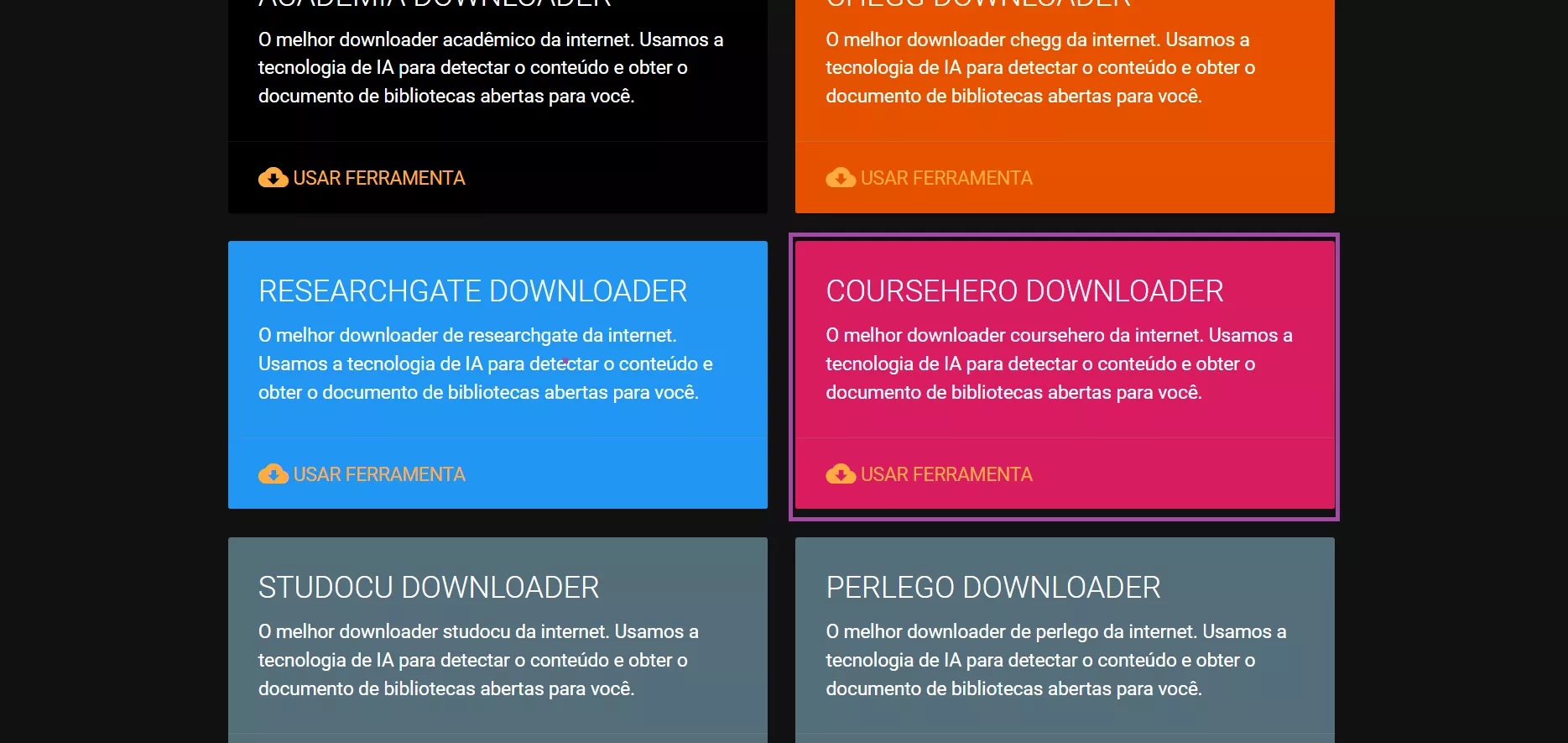 clique em "usar ferramenta" na opção "coursehero downloader
