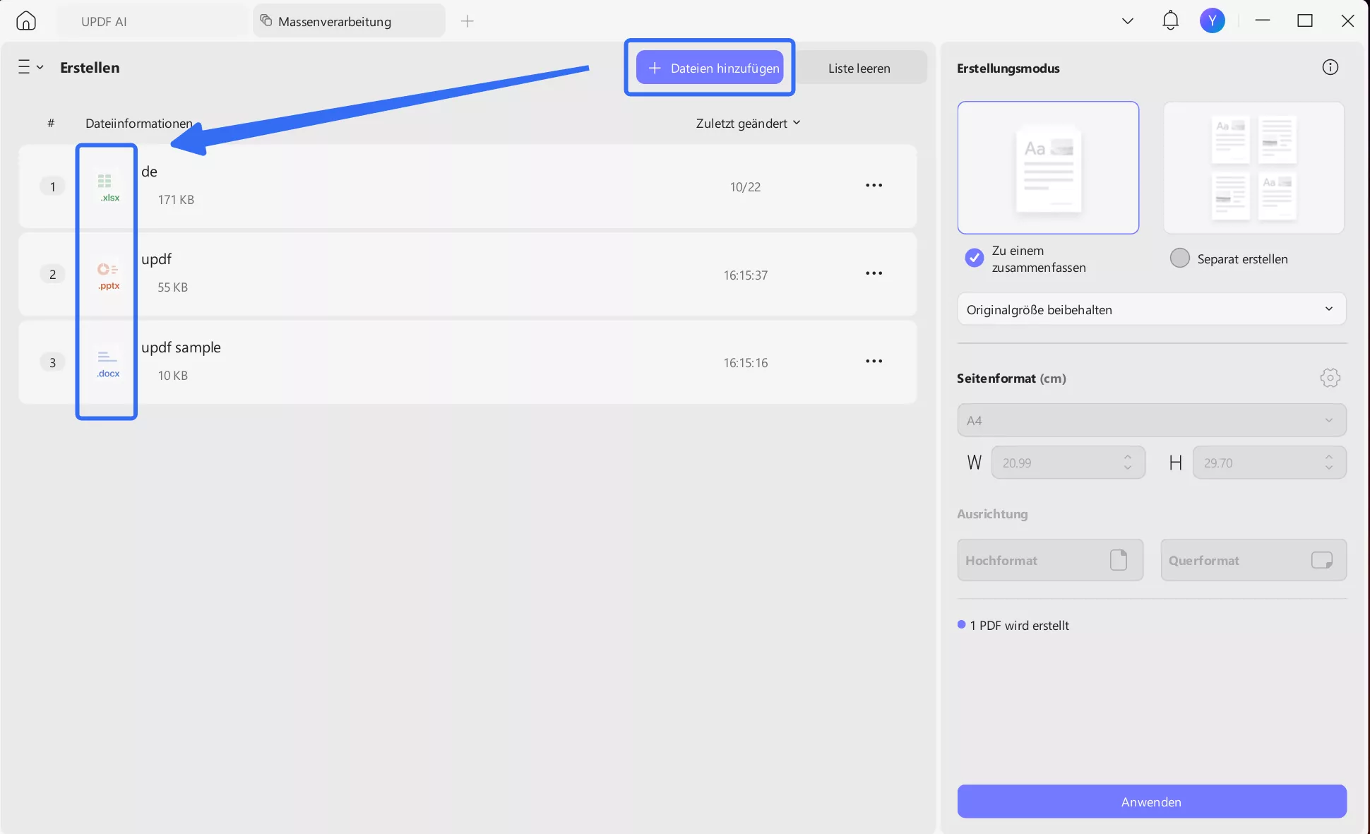 Wählen Sie die Option „Zu einem zusammenfassen“