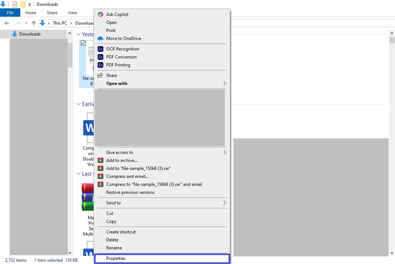 access properties option for pdf