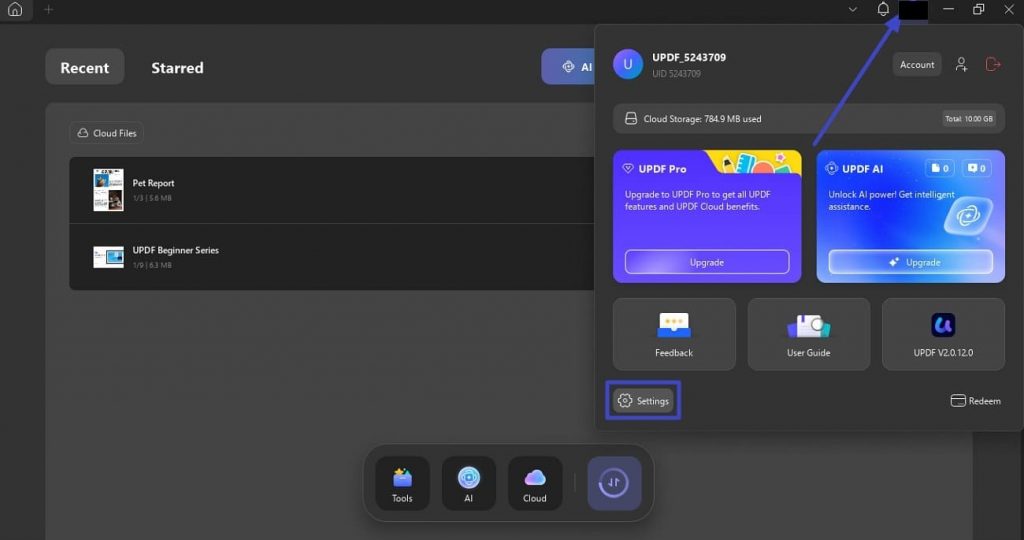 access settings on updf