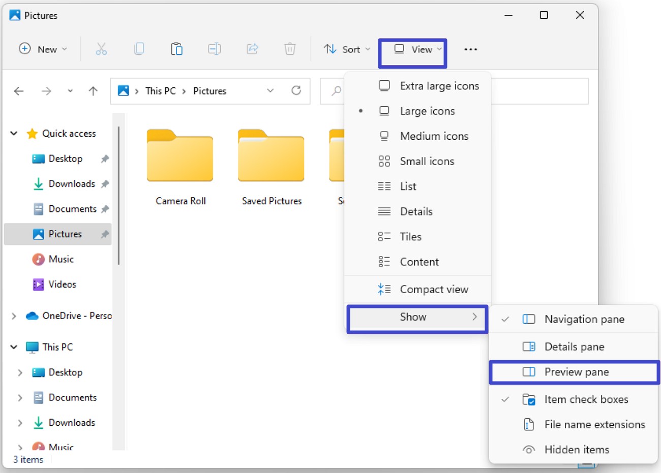 press view and enable preview pane