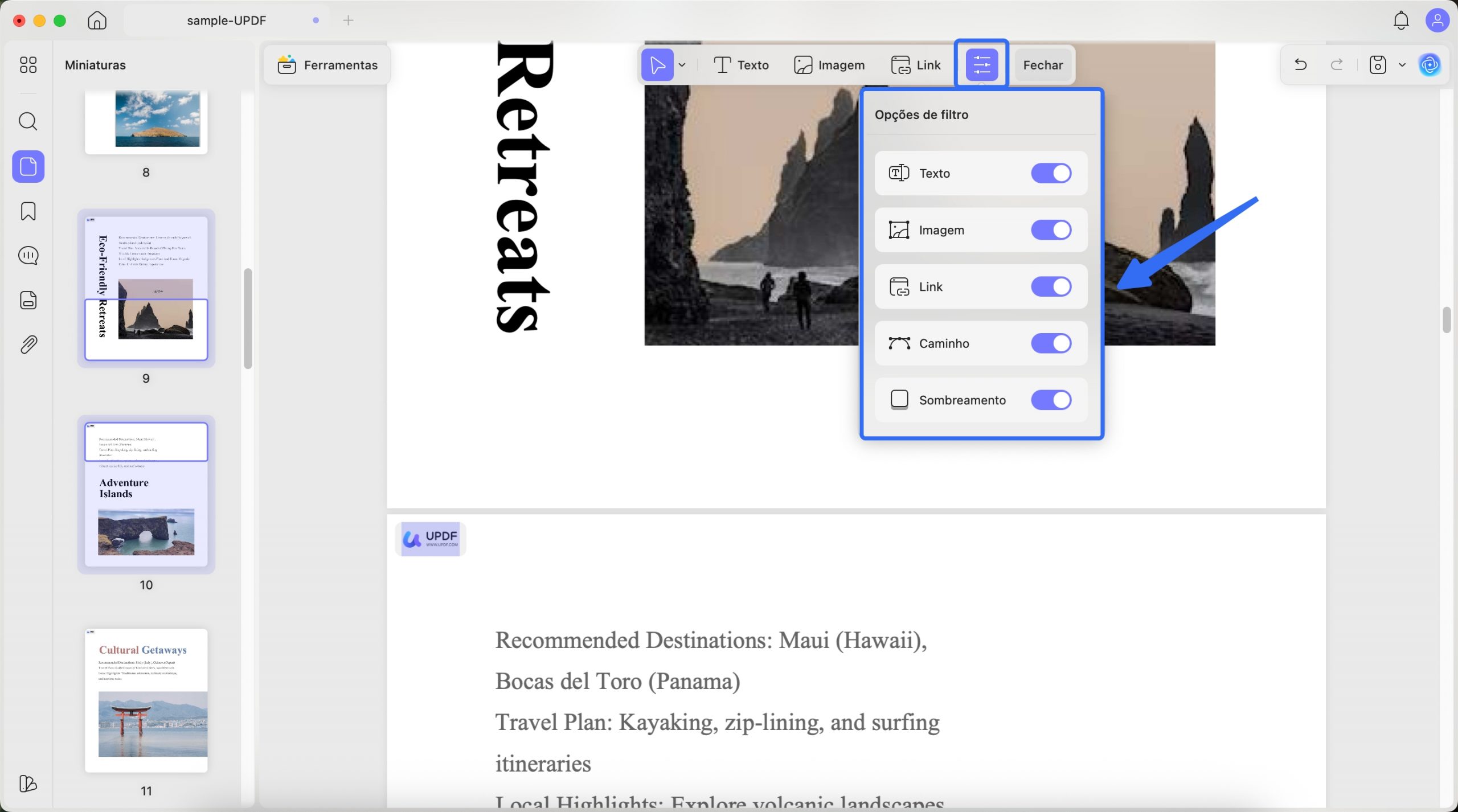 filtrar elementos no modo de edição mac