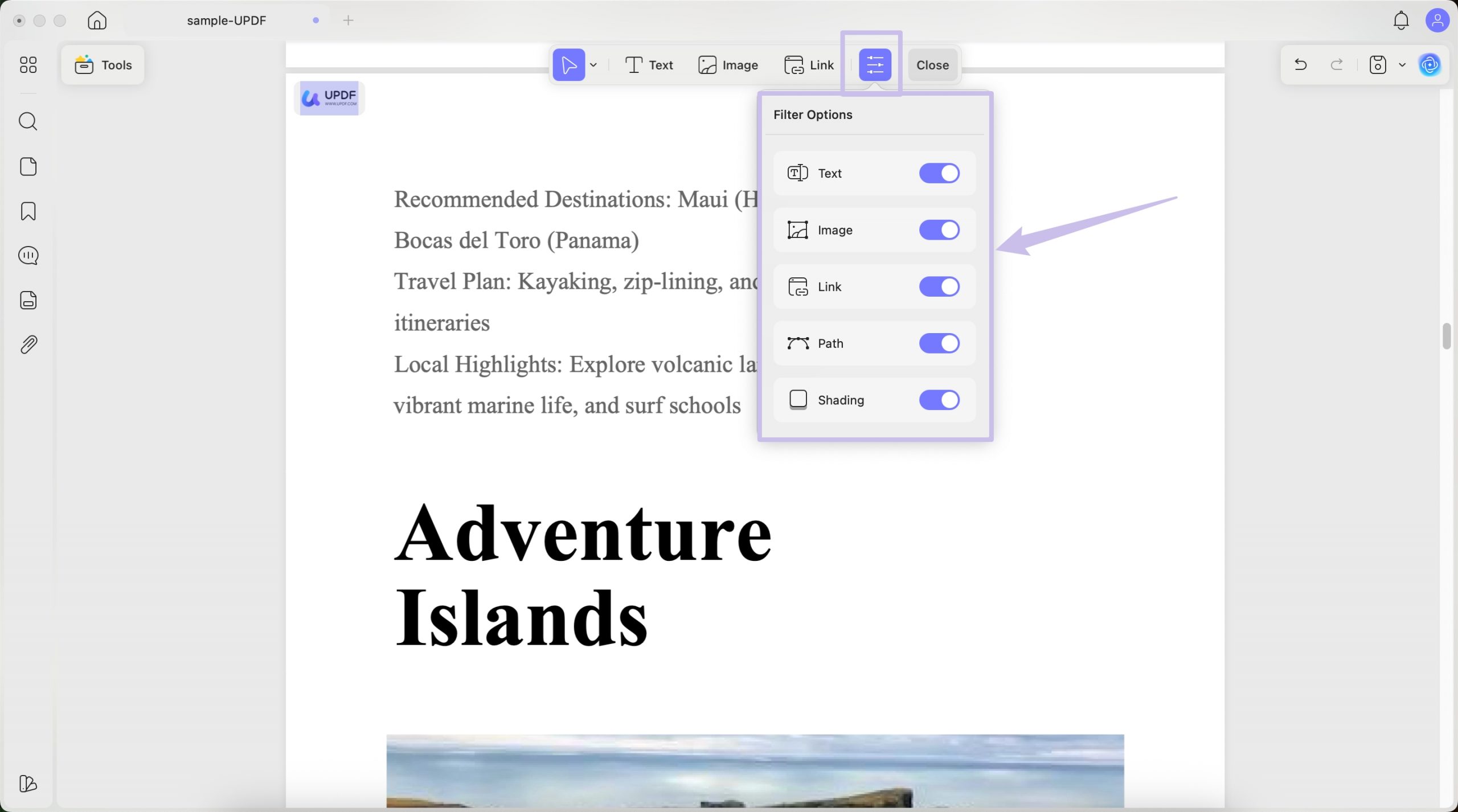 filter elements in edit mode mac