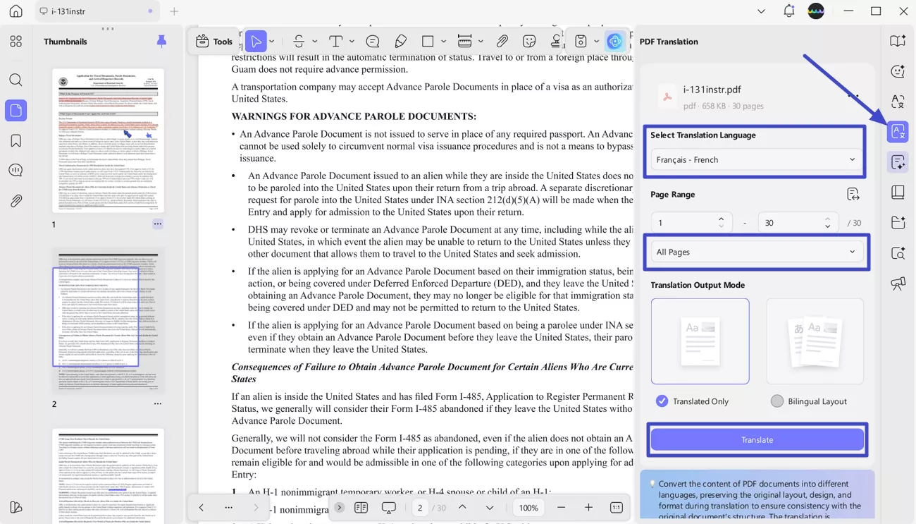 translate document into preferred language