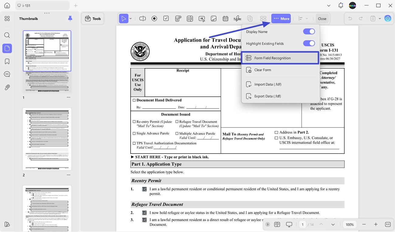 recognize fields in i-131 form