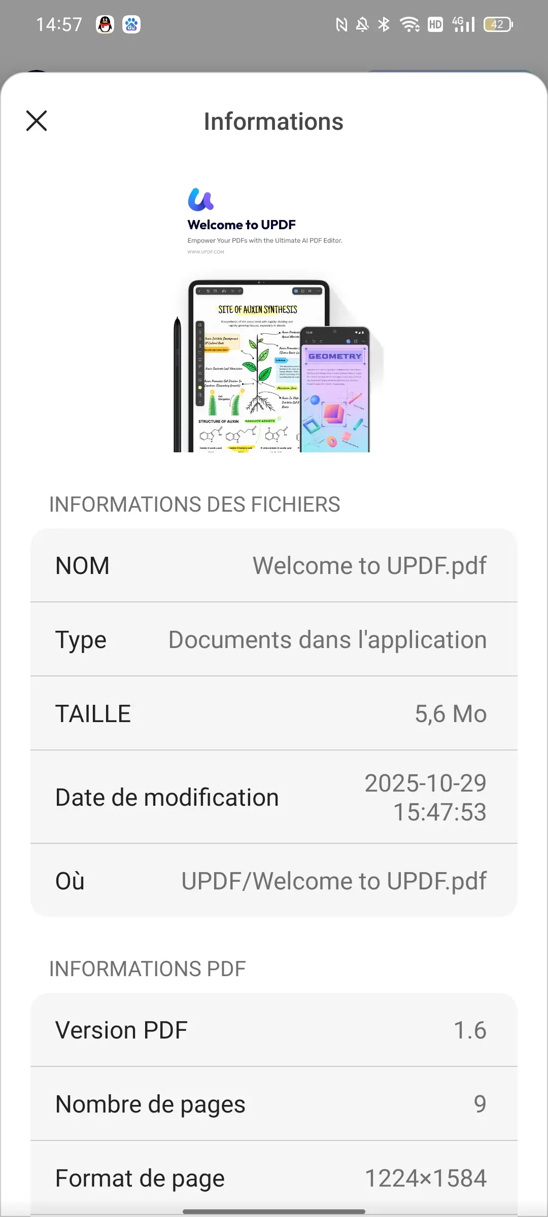 vérifier les informations du PDF Android