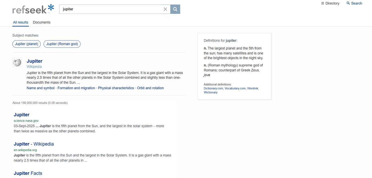 refseek interface researching keywords
