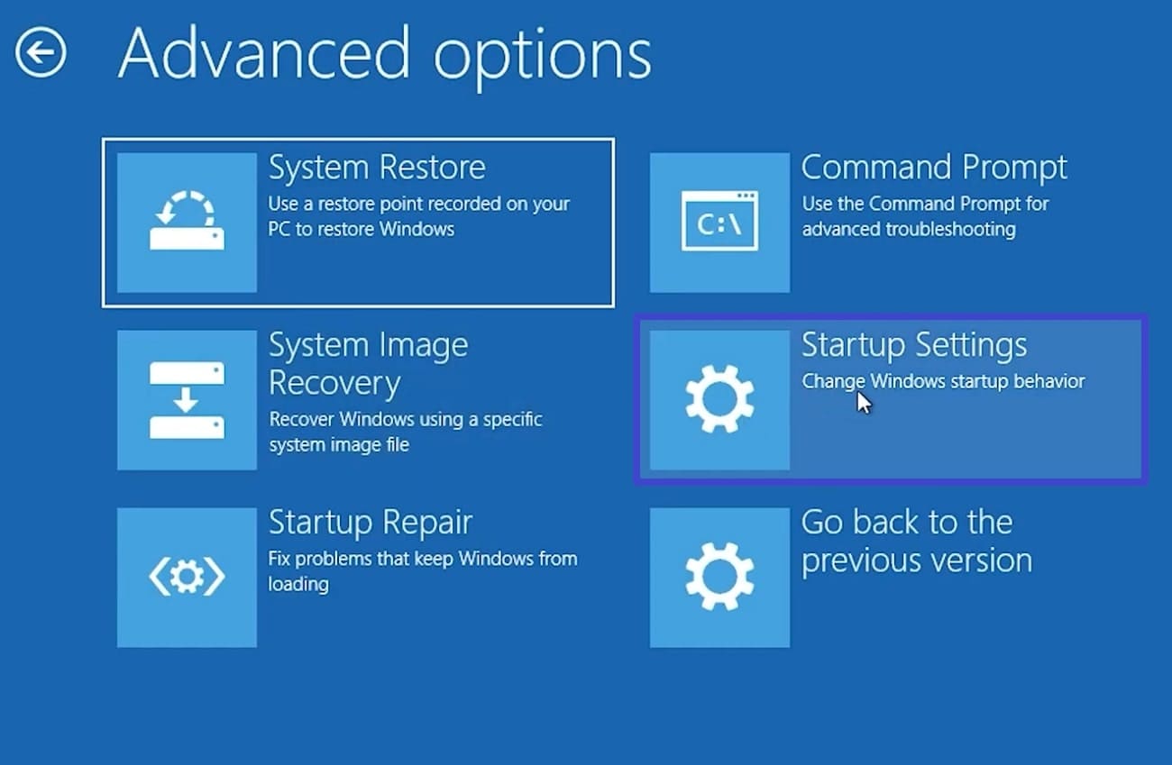 tap on startup settings