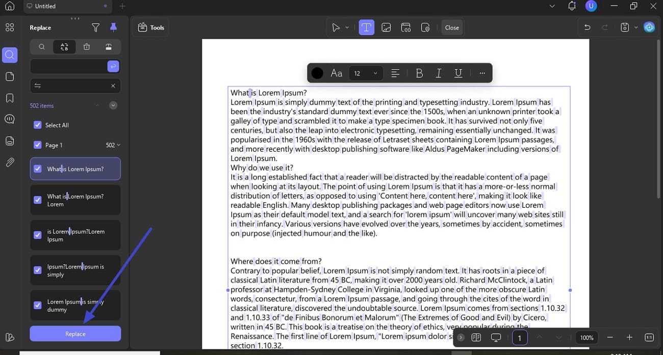 click replace to perform