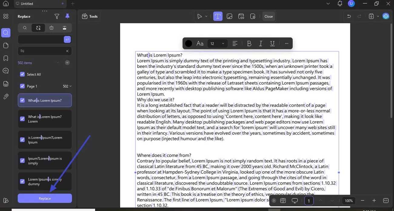 click replace to perform