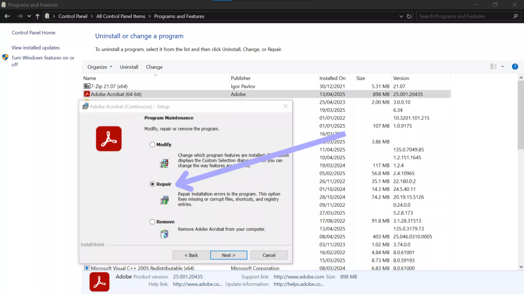 修復 Adobe Acrobat 安裝