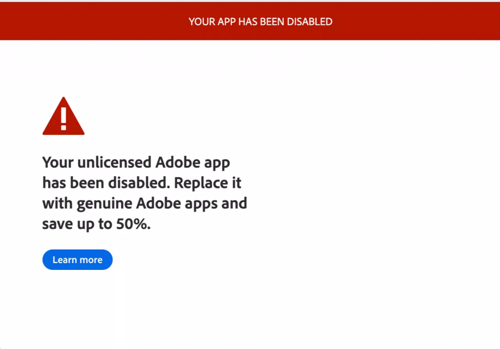 未授權 Adobe 應用程式已被停用