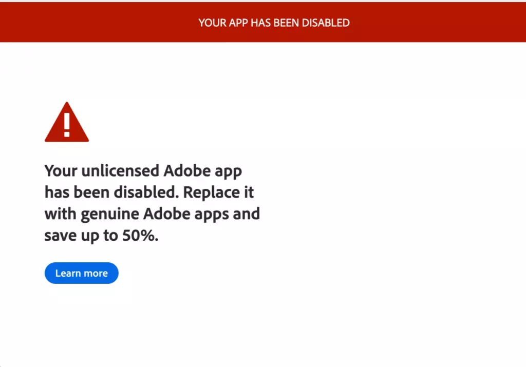 未授權 Adobe 應用程式已被停用
