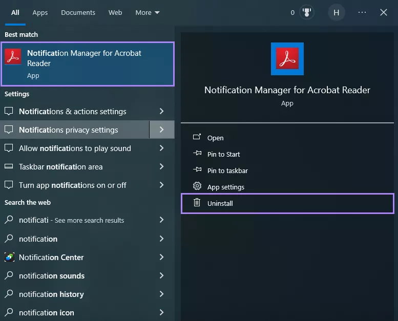 點擊解除安裝 Acrobat 通知管理器