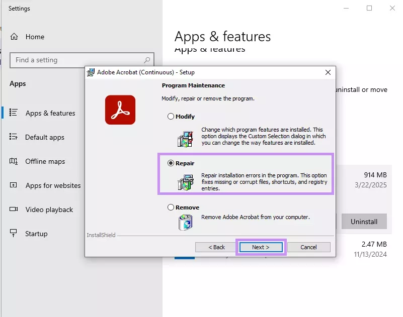 選擇「修復」並繼續流程