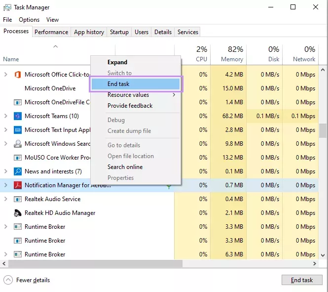 在工作程式中結束 Acrobat 程序