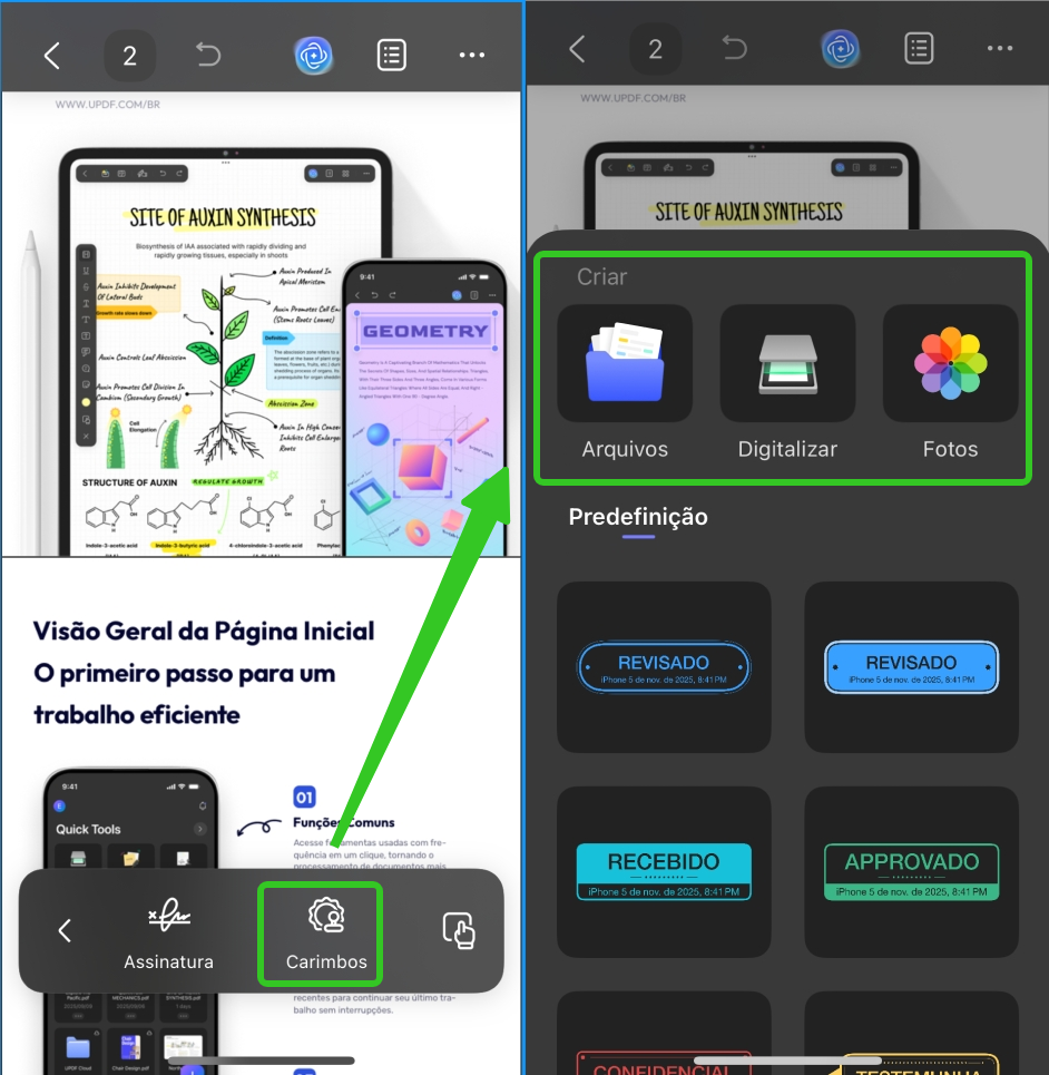 importar carimbos no iOS UPDF