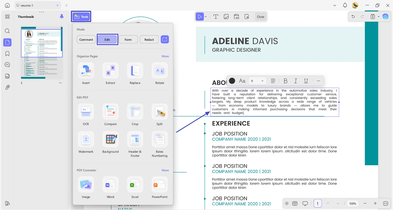 edit resume pdf updf
